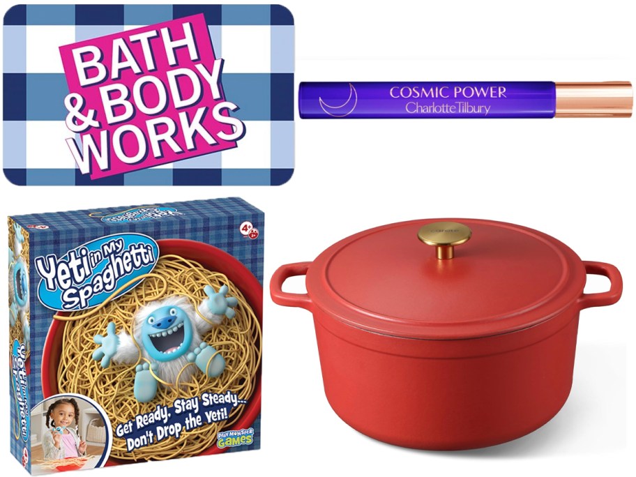 bath and body works gift card, yeti spaghetti board game, red dutch oven, and charlotte tillbury 
