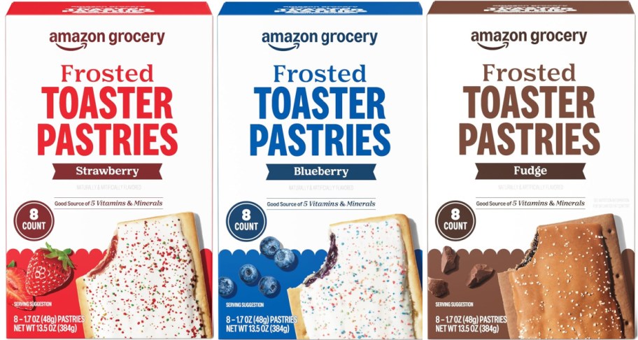 Three boxes of Amazon toaster pastries.