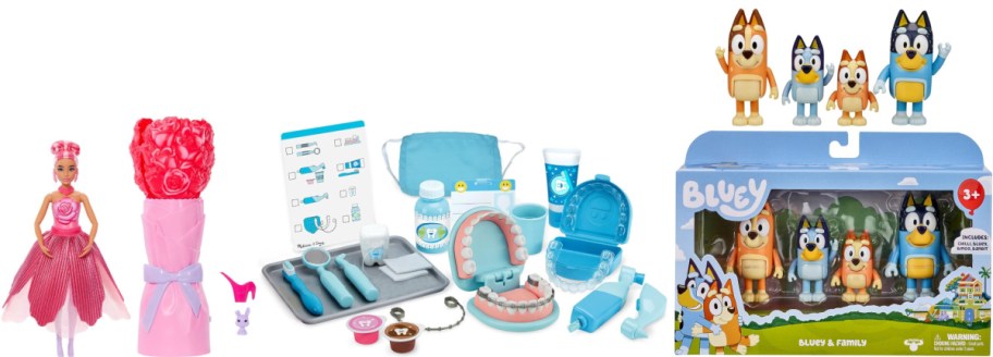 A colorful collection of toys: a Barbie dressed in pink, a dentist kit with blue tools, and a boxed set of four Bluey family figurines.