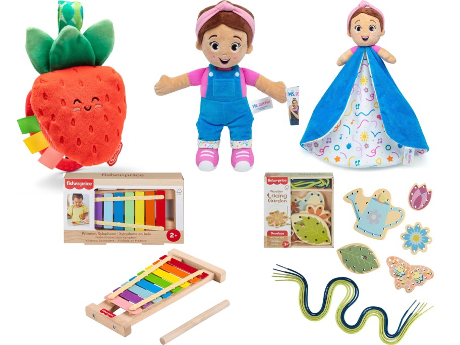 two ms rachel dolls, strawberry plush, xylophone and puzzle toys