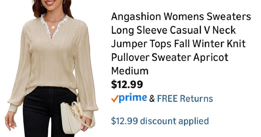 woman wearing tan sweater next to Amazon pricing information