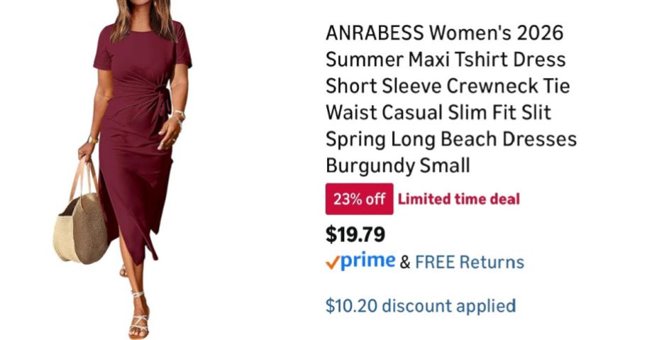 woman wearing red dress next to Amazon pricing information