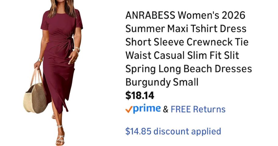 woman wearing red dress next to Amazon pricing information