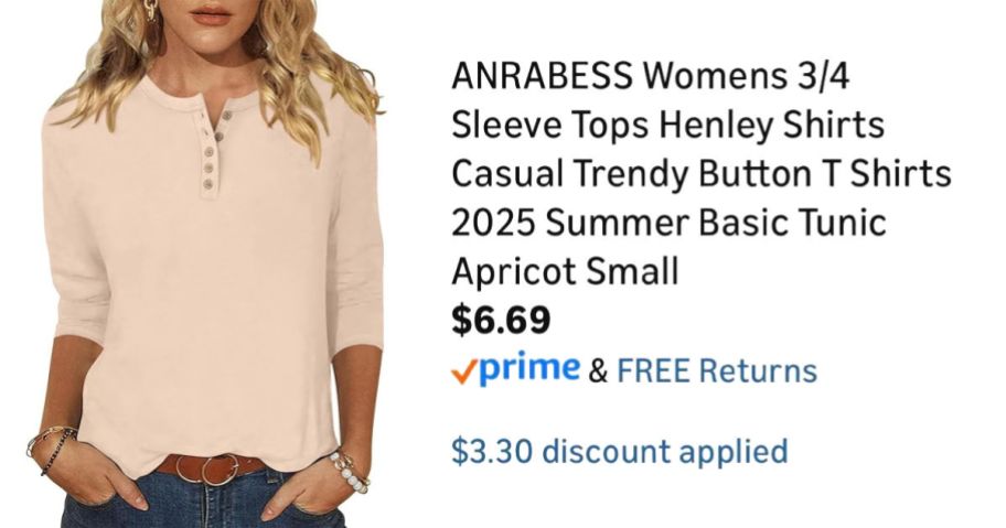 woman wearing beige henley next to Amazon pricing information