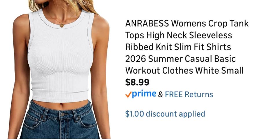 woman wearing white tank top next to Amazon pricing information