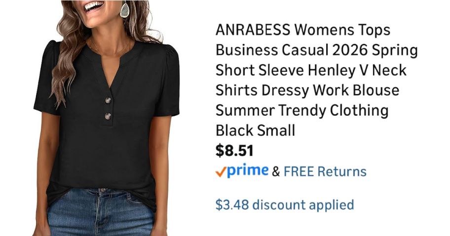 woman wearing black shirt next to Amazon pricing information