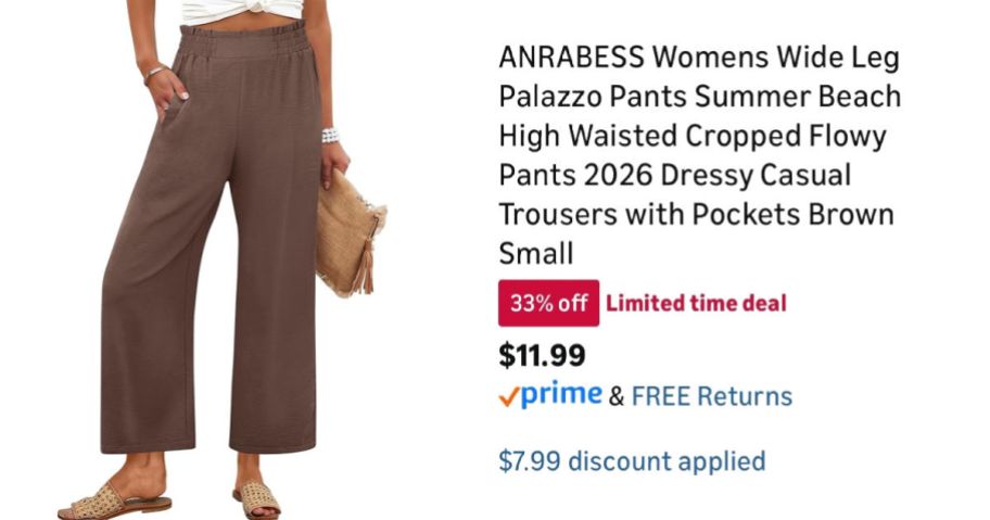 woman wearing brown pants next to Amazon pricing information
