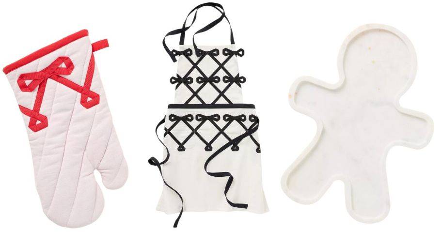 anthropologie oven mitt, apron, and serving board