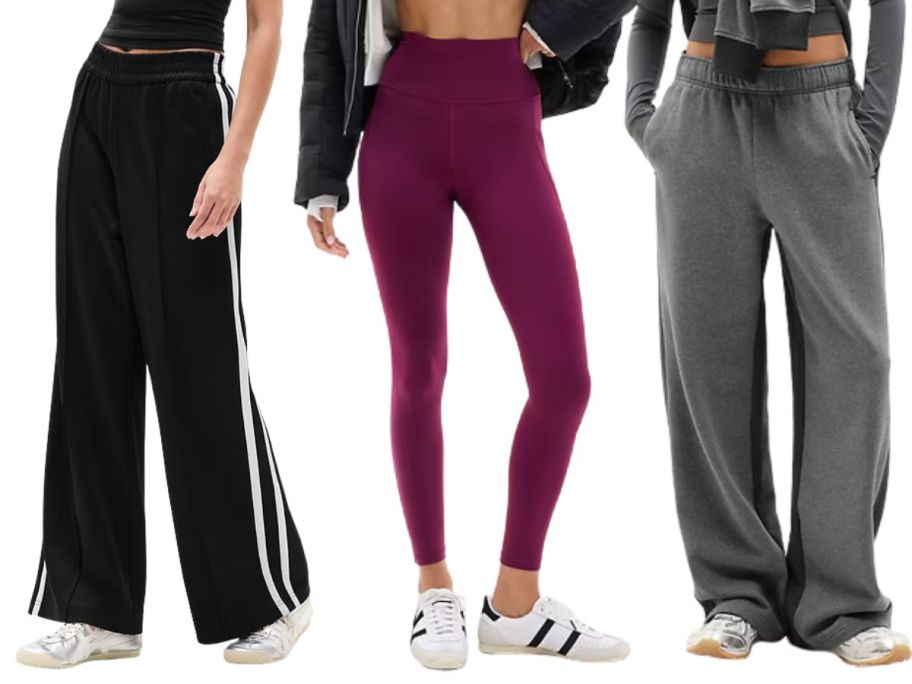 three women wearing athleta pants