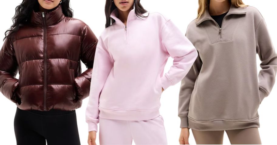 a woman wearing an athleta jacket and two others wearing athleta sweatshirts