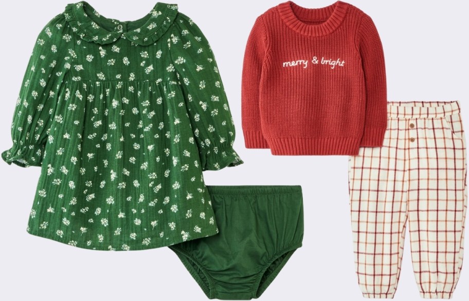 baby girls dress and diaper cover with baby boys sweater and pants set