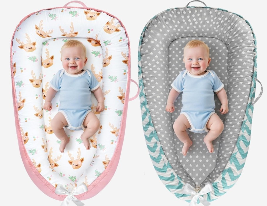 2 baby loungers in different fabric patterns