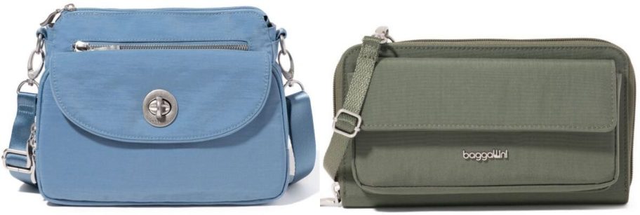 two different baggallini crossbody bags in blue and green
