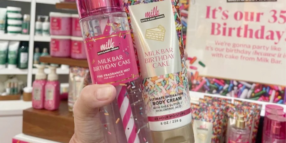hand holding milk bar spray and lotion 
