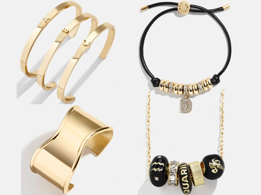 two gold bracelets, one black bracelet with charms, and gold charm necklace