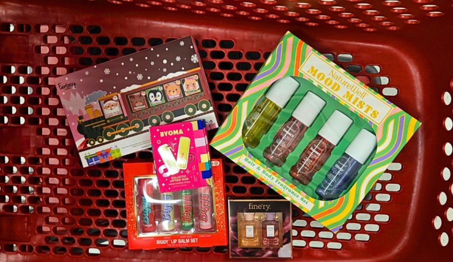 various beauty gift sets in a target cart