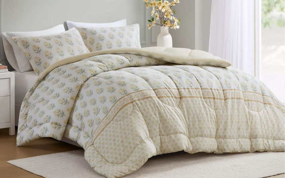 bedding flower on display next to the bed 