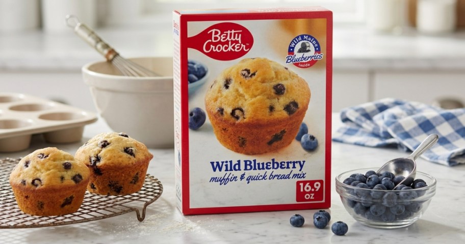 Box of Betty Crocker Wild Blueberry Muffin Mix on a kitchen counter with two muffins, a bowl of fresh blueberries, and a checkered cloth nearby.