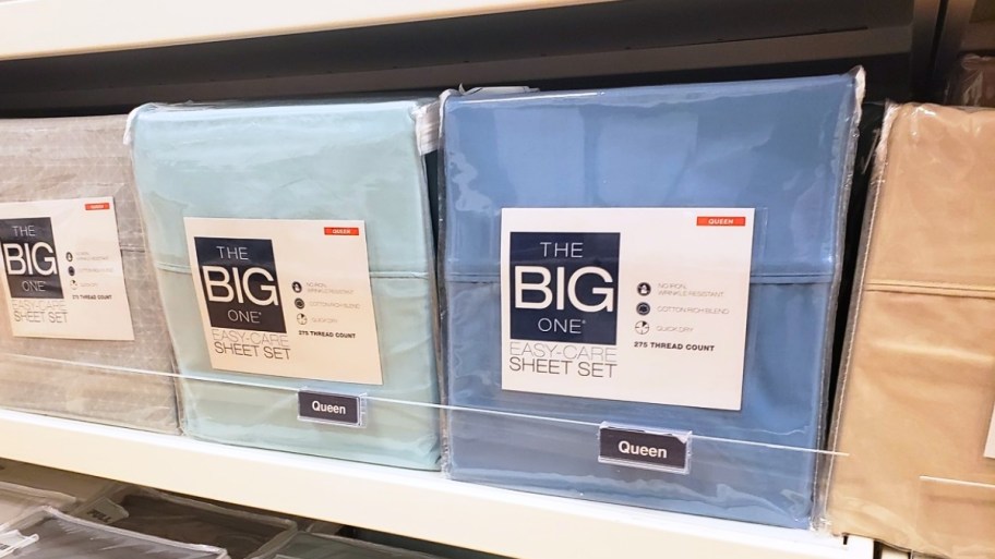 three sets of sheet on a store shelf