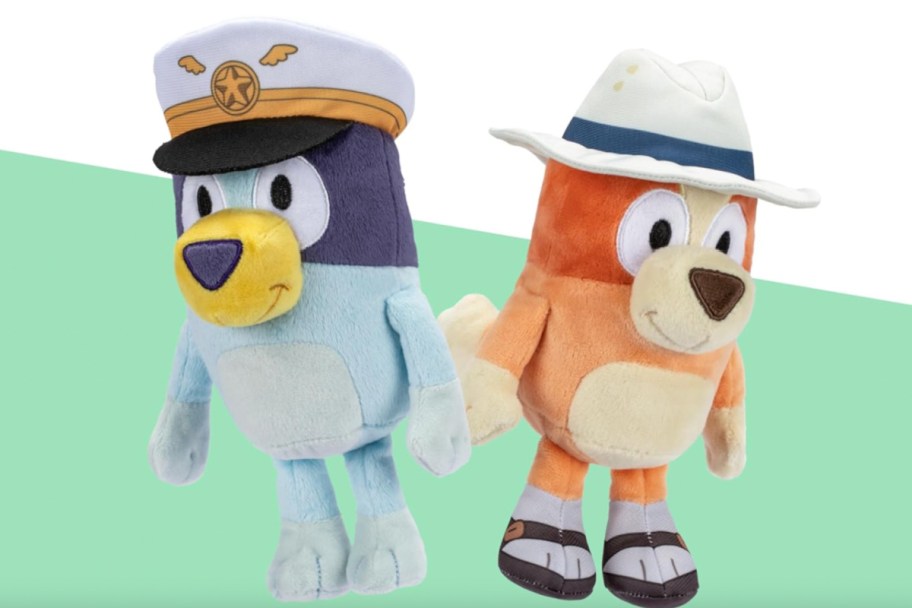 bluey and bingo plush with captain hats on 