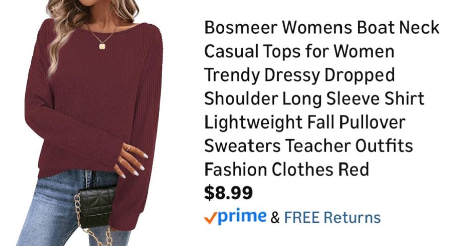 woman wearing burgundy boat-neck shirt next to Amazon pricing information