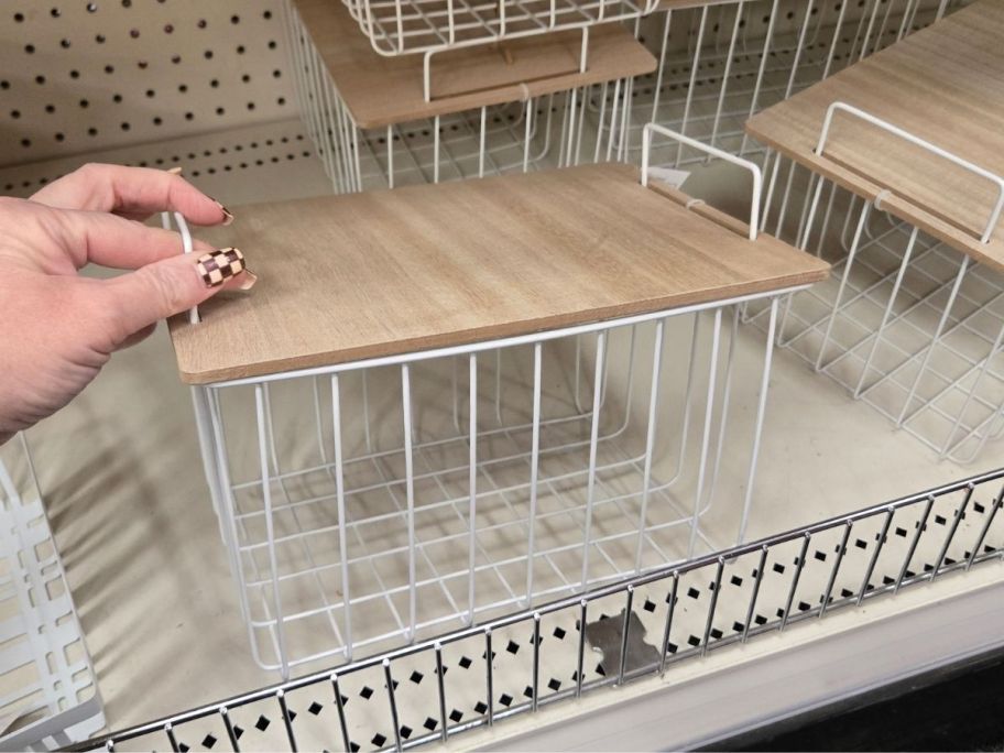 Wide Stackable Wire Basket on shelf in store