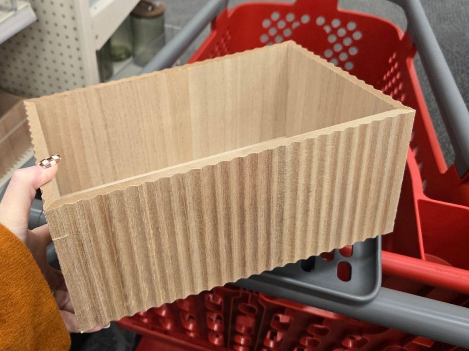 Large Wood Storage basket in hand in store