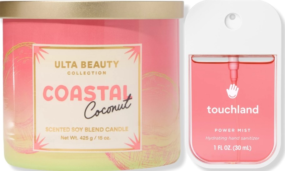 3 wick candles and hand sanitizer