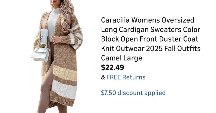 woman wearing long cardigan sweater next to Amazon pricing information
