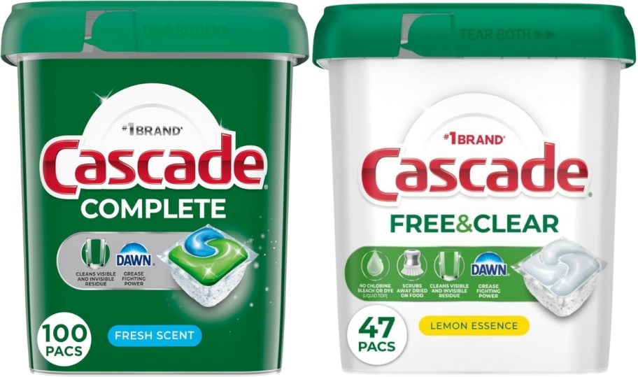 two cascade dishwasher detergent pods containers