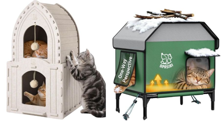 two different cat houses with cats in them