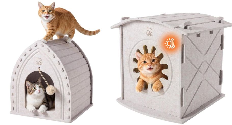 two different cat houses with cats in them