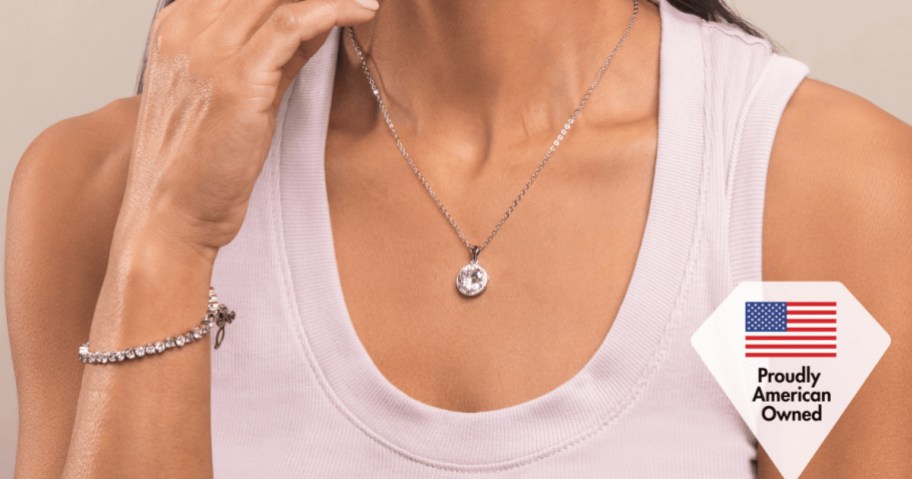 woman wearing a cate & chloe necklace