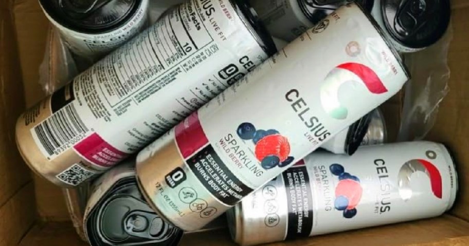 A cardboard box filled with several cans of sparkling Celsius energy drink, featuring vibrant labels with images of berries and nutrition details.