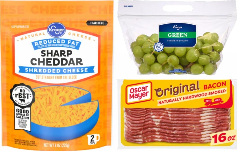 shredded cheese, grapes, and bacon