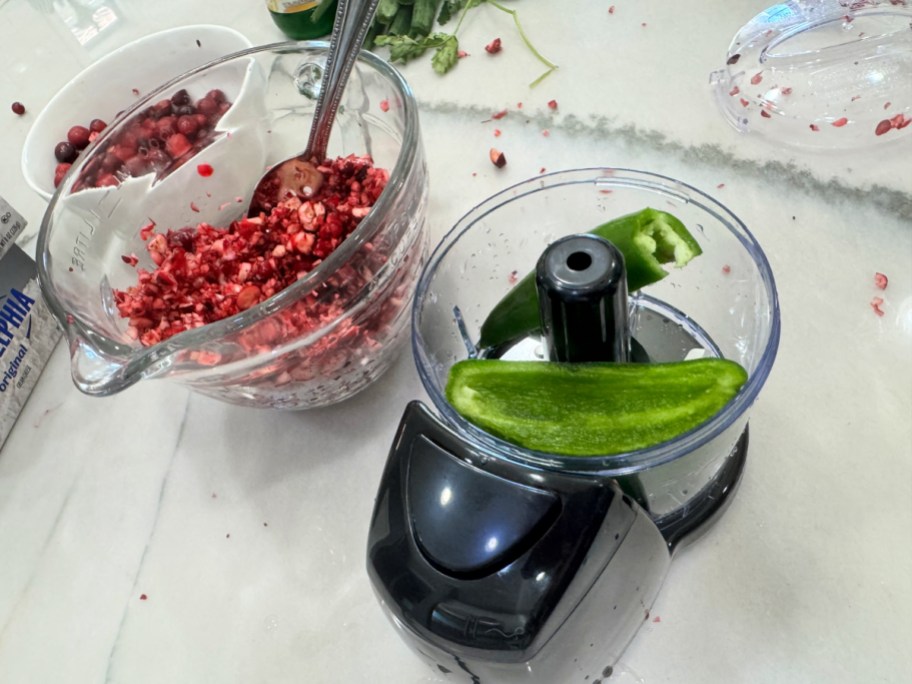 chopping jalapenos with a food chopper