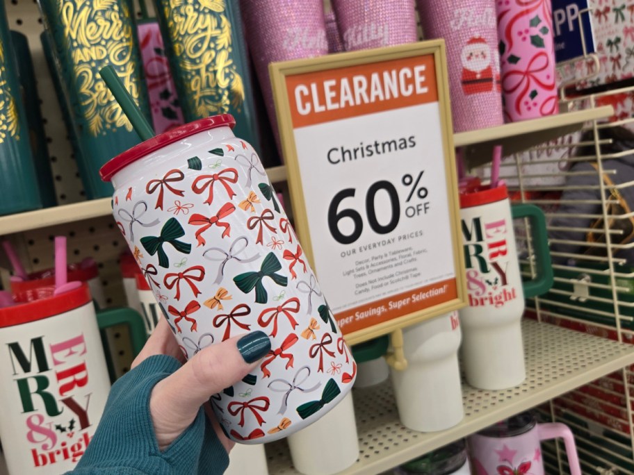 Christmas tumbler with bows at Hobby Lobby.