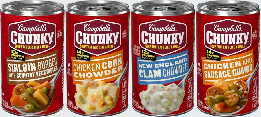four cans of chunky soup in various flavors