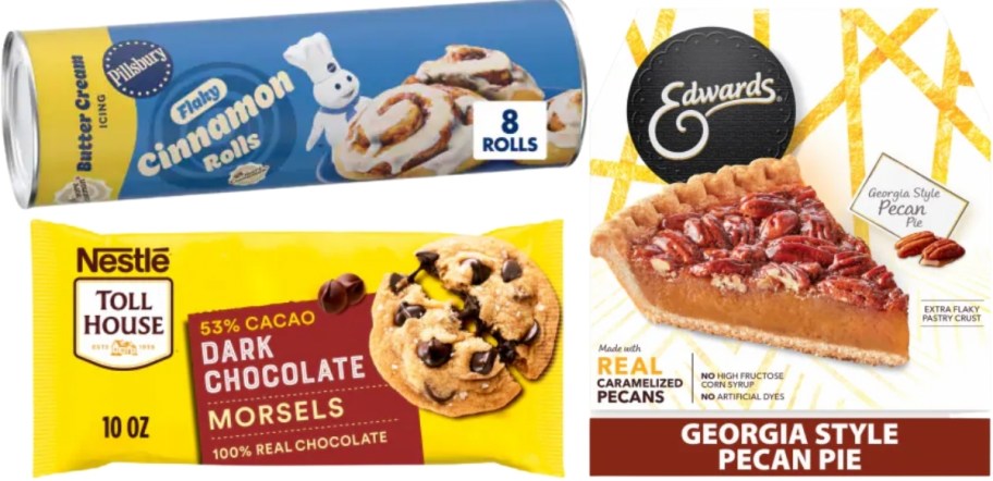 a can of cinnamon rolls, bag of chocolate chips and a pecan pie