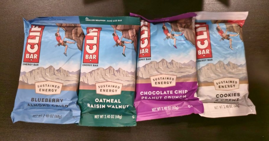 four CLIF Bar energy bars in the wrappers