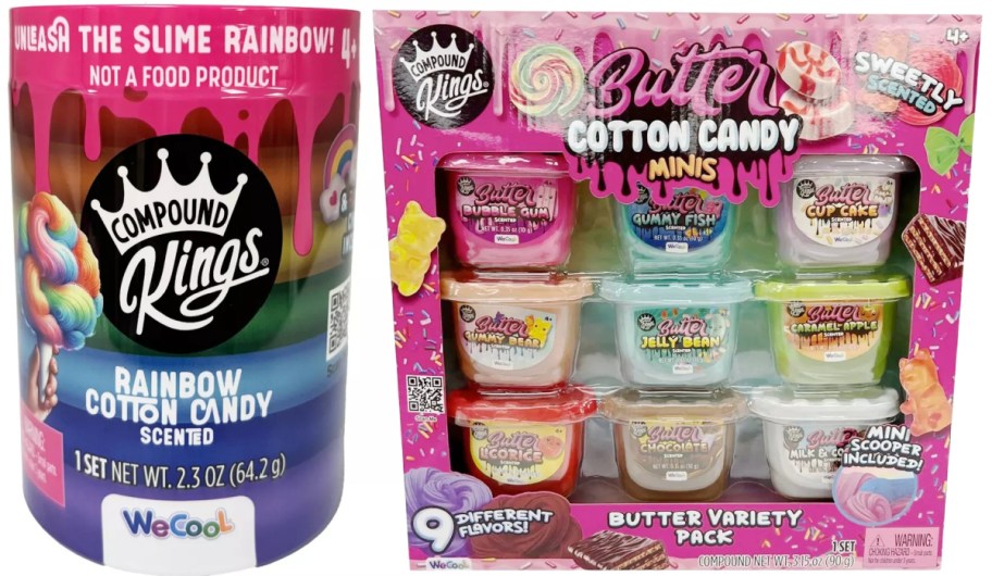 Packaging for Compound Kings' scented slime products. Left: Rainbow Cotton Candy Slime in a colorful container. Right: A Butter Cotton Candy Minis variety pack with nine different scents, featuring playful, candy-themed imagery.