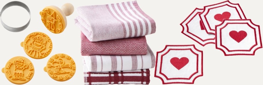 cookies stamp set, kitchen towels, and heart coasters