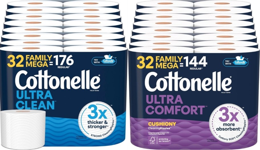 36 mega rolls of both clean and comfort varieties of cottonelle toilet paper