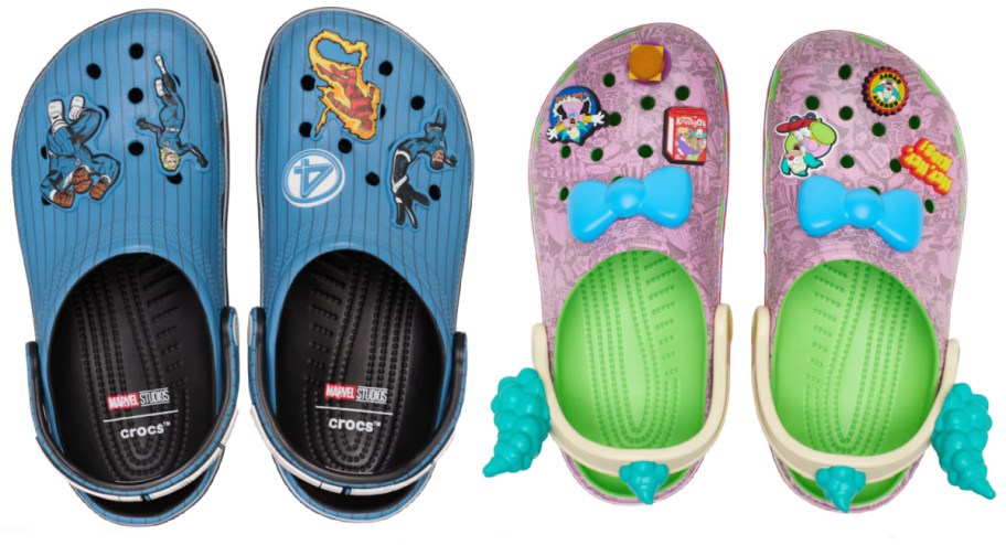 superhero blue slip on shoes and pink stripe clown slip on shoes