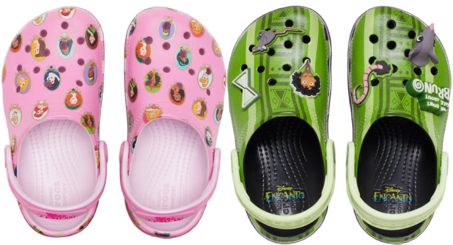 pink disney princess slip on crocs, green bruno slip on shoes
