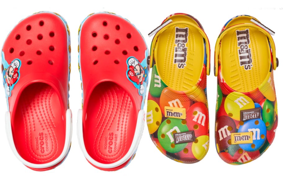 red mario slip on shoes and yellow m&m slip on shoes