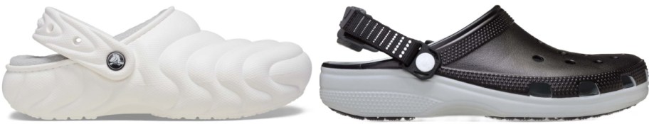 A side-by-side image of two clogs: a white, wavy-textured clog on the left and a classic black clog with ventilation holes and an adjustable strap on the right.
