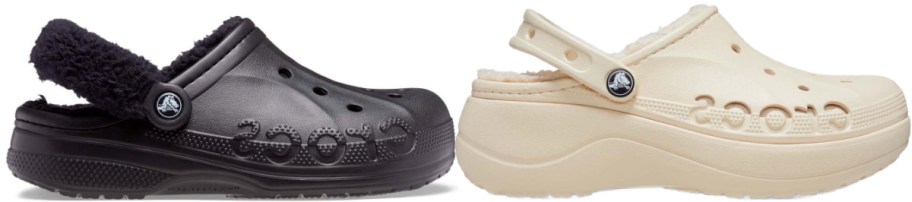 Two pairs of Crocs with fuzzy lining are pictured: one in black and the other in beige. Both feature adjustable straps and the Crocs logo on the side.