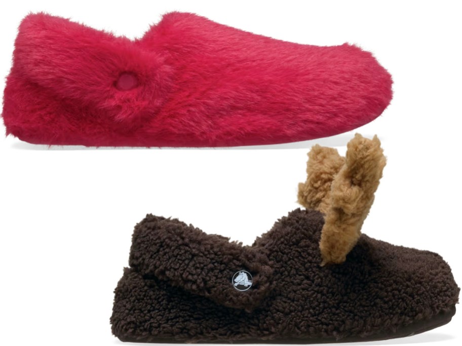 red slipper and reindeer crocs