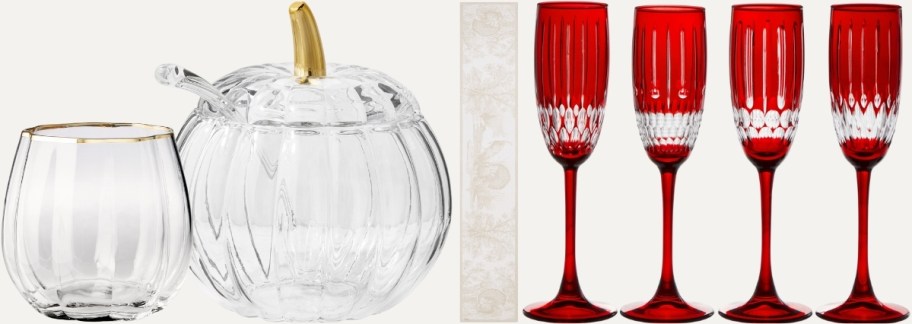 pumpkin cups and punch bowl, table runner and champagne flutes